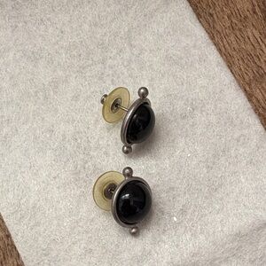 Black Cabochon Stud Earrings in Oxidized Silver